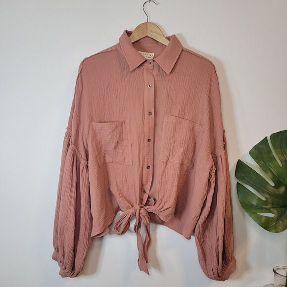 100% Cotton Shirt Button Down Tie Front Long Balloon Sleeve Size Medium - Picture 1 of 11